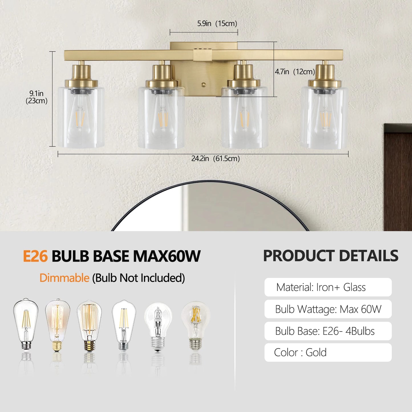 ARLGSITE Golden 4-Light Vanity Light With Clear Glass Shades