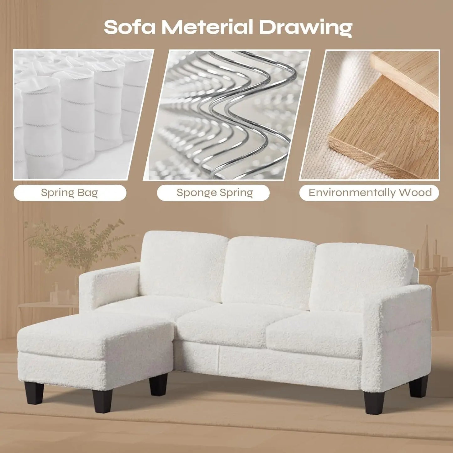 L Shaped Sectional Sofa With Reversible Chaise Boucle Cushion Customized