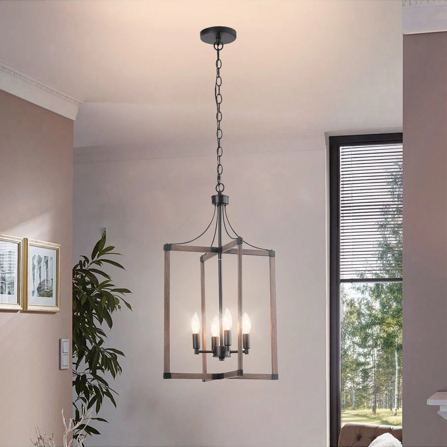 4-Light Farmhouse Chandelier Height Adjustable Rustic Living Room Chandelier Dining Room Light Fixtures Dimmable