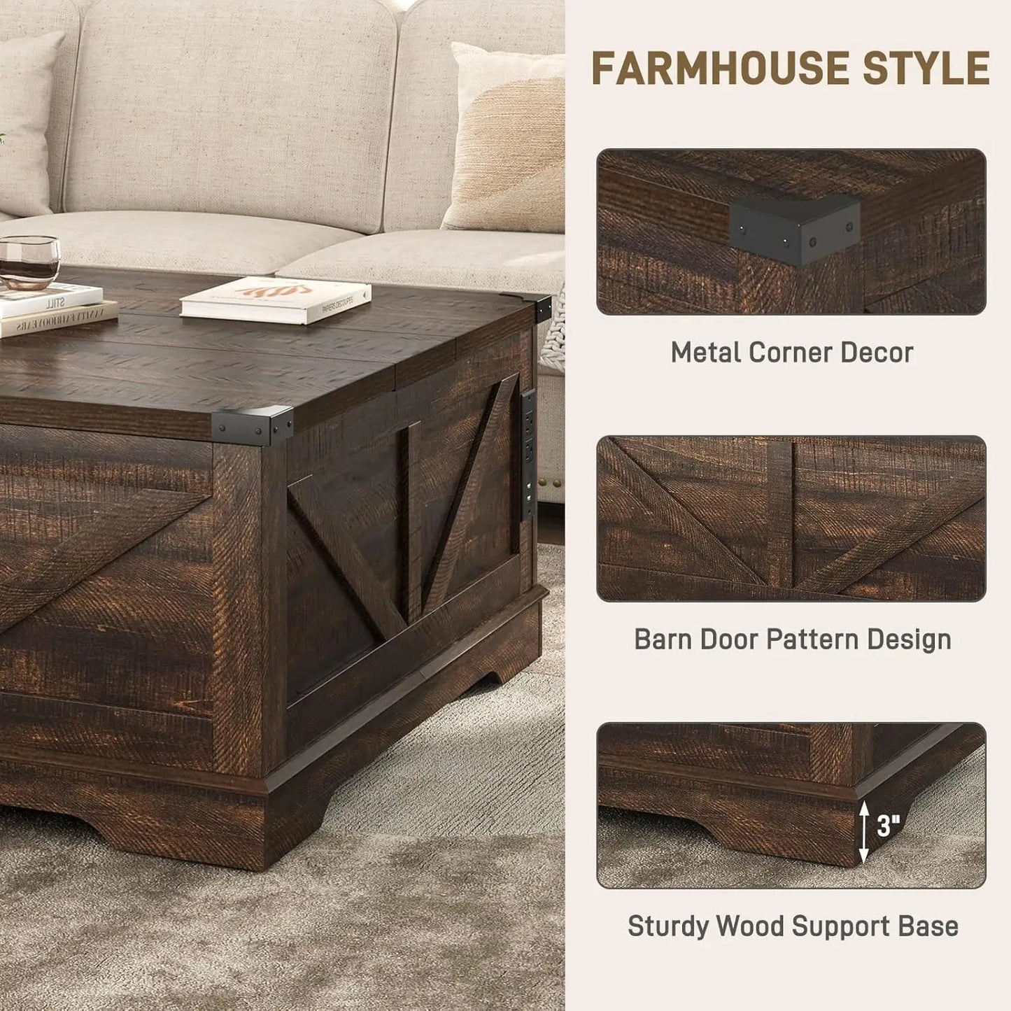 40" Farmhouse Lift Top Coffee Table, Power Outlets & Large Hidden Storage, Square Wood Living Room Table, Custom