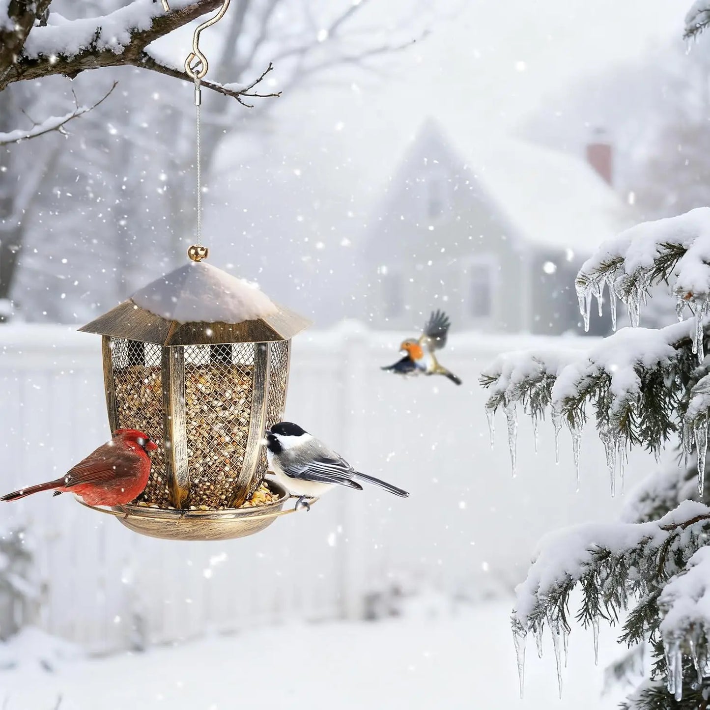Hexagon Lantern Bird Feeder for Outside, Heavy Duty Metal Wild Bird Feeder Hanging for Garden Yard with 360° Feeding Port