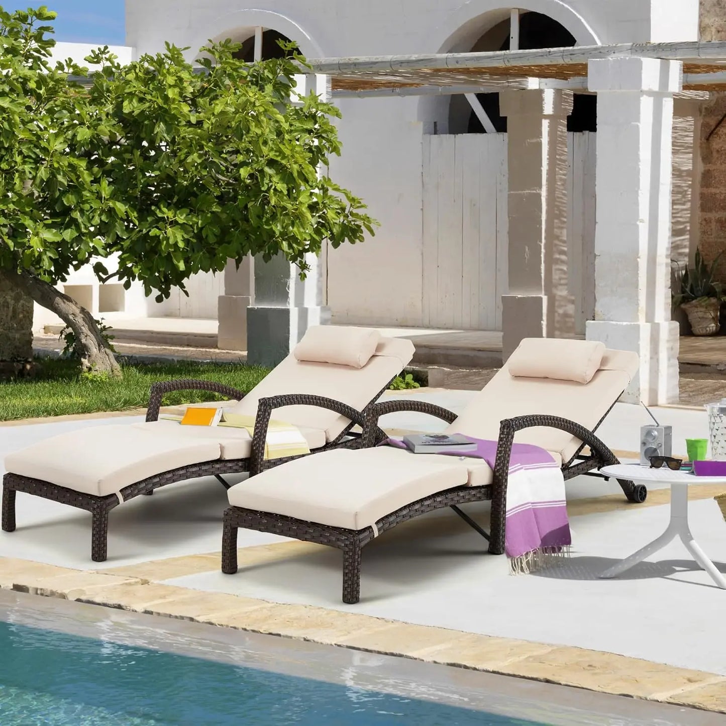 Adjustable 5-Position PE Rattan Outdoor Chaise Lounge Set 2 with Cushion Pillow Wheels for Poolside Backyard, Custom