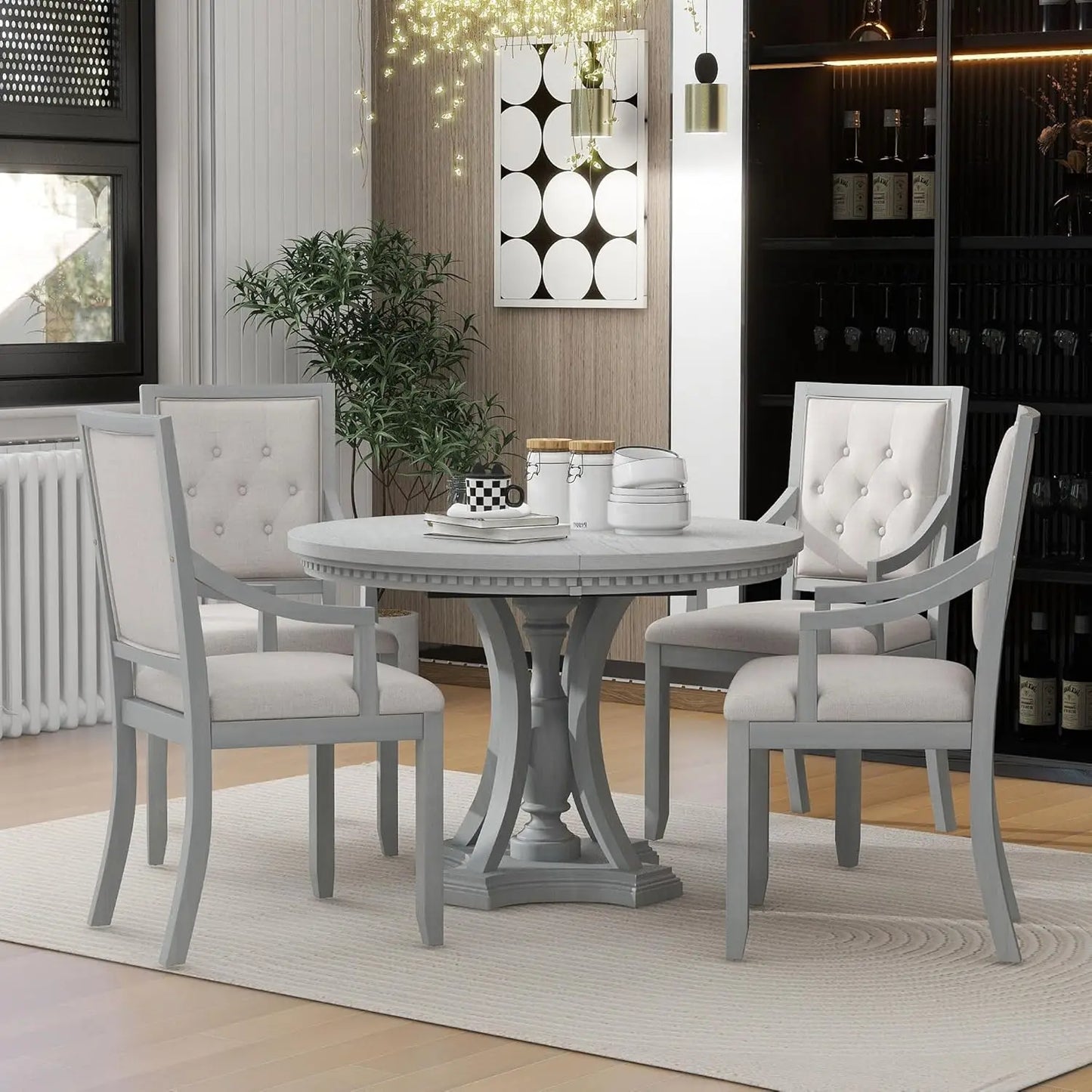 Solid Wood Dining Set With Extendable Table And Upholstered Chairs