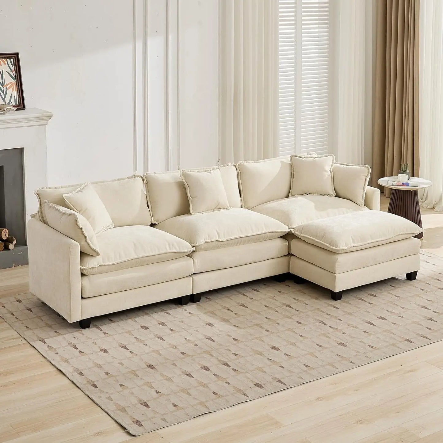 111.5" Blue Modular Sectional Sofa Chenille Deep Seat L-Shape Oversized Living Room Set With Ottoman, Customized