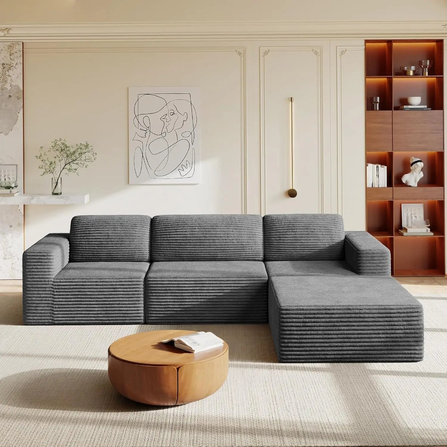Corduroy L-Shape Modular Sofa With Movable Ottoman Sectional