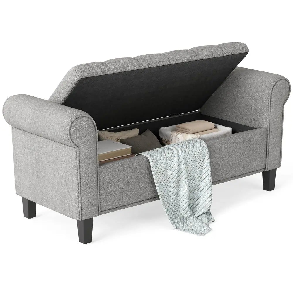 50 Storage Ottoman Bench, Upholstered End of Bed Bench with Rolled Arms, Wood Legs, Button Tufted Storage Bench with Safety Hin