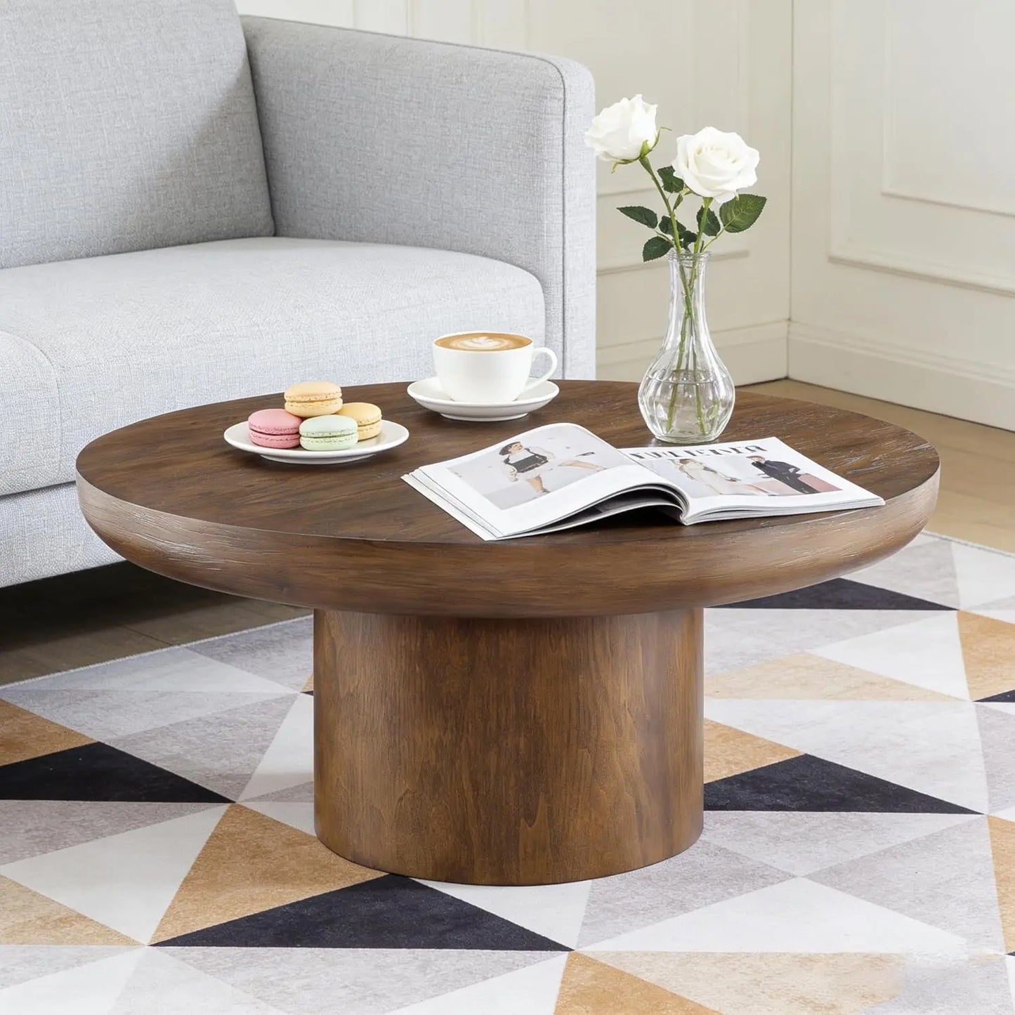 Wood Pedestal Coffee Table For Living Room Minimalist Modern Circle