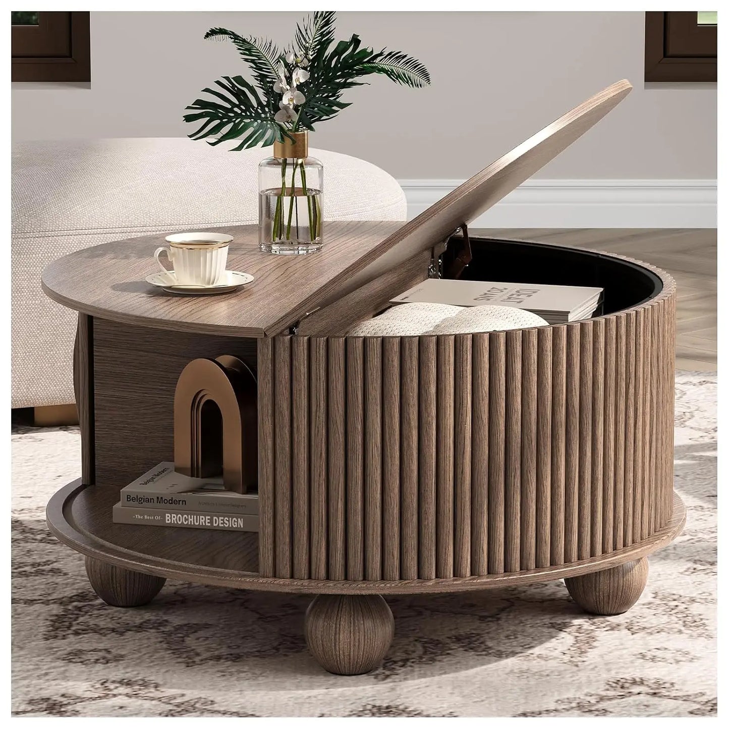 Round Coffee Table With Hidden Storage Walnut Wood Drum Table