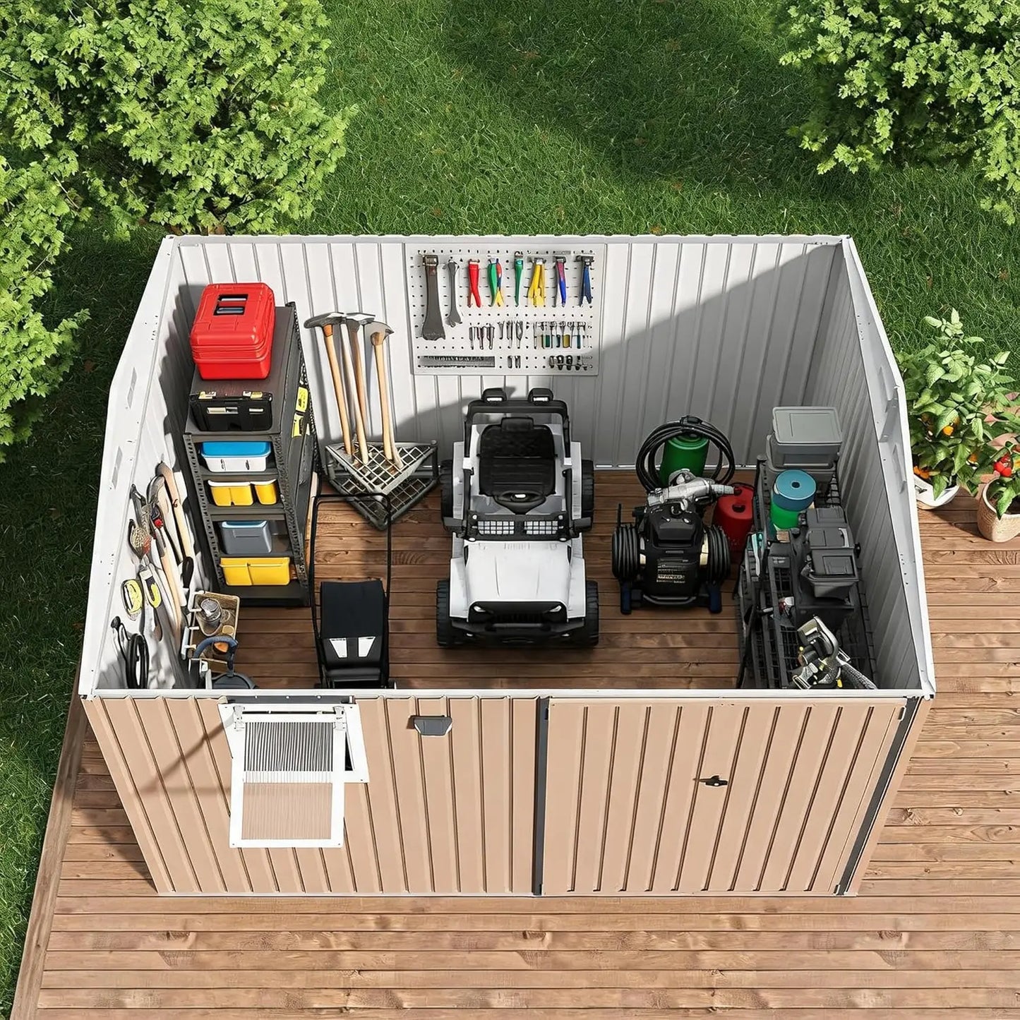 10x8FT Metal Outdoor Storage Shed Pushable Window Solar LED Pegboard Sloping Roof Lockable Doors Backyard Tool Shed, Custom