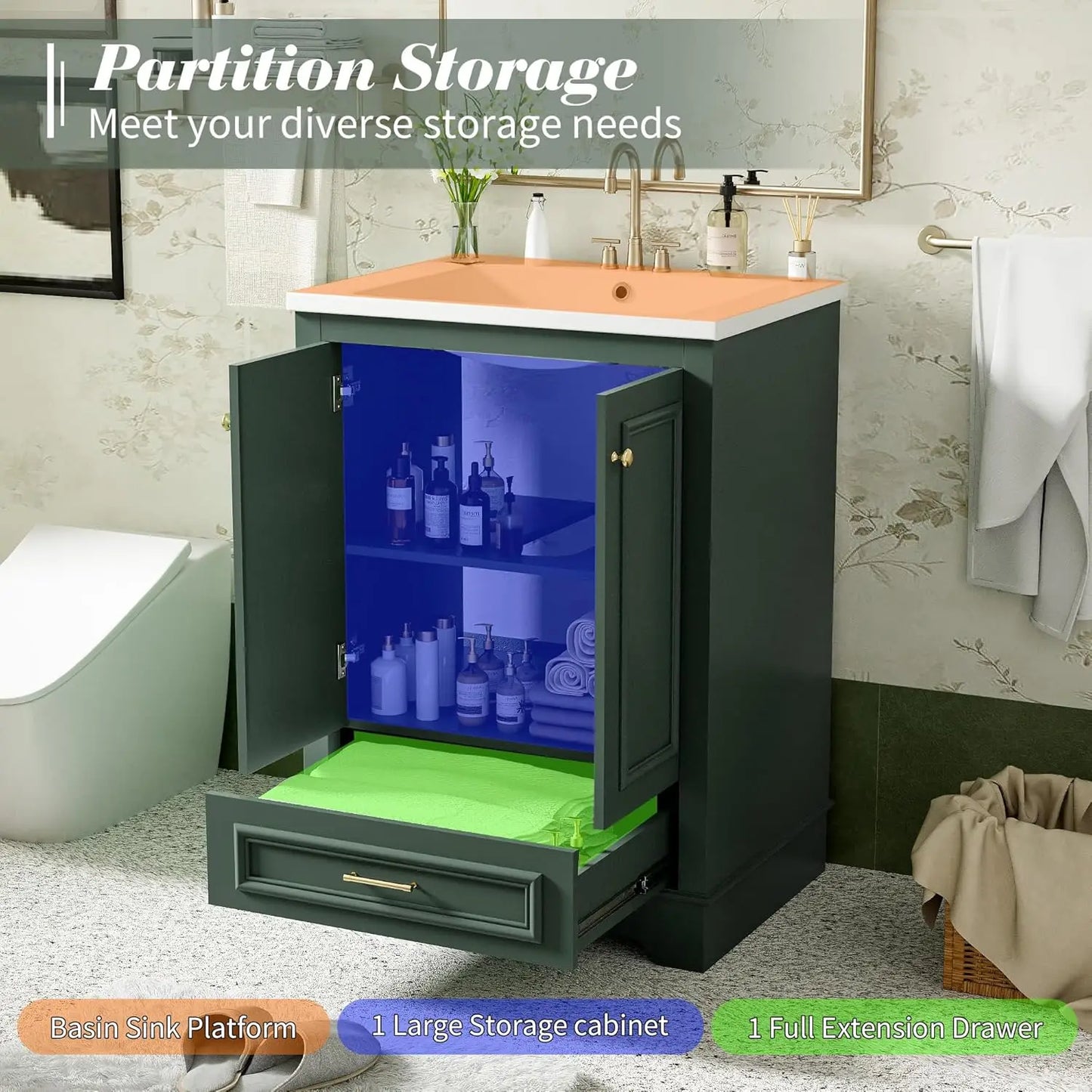 Wood Bathroom Vanity Cabinet With Ceramic Sink Adjustable Drawer Shelf