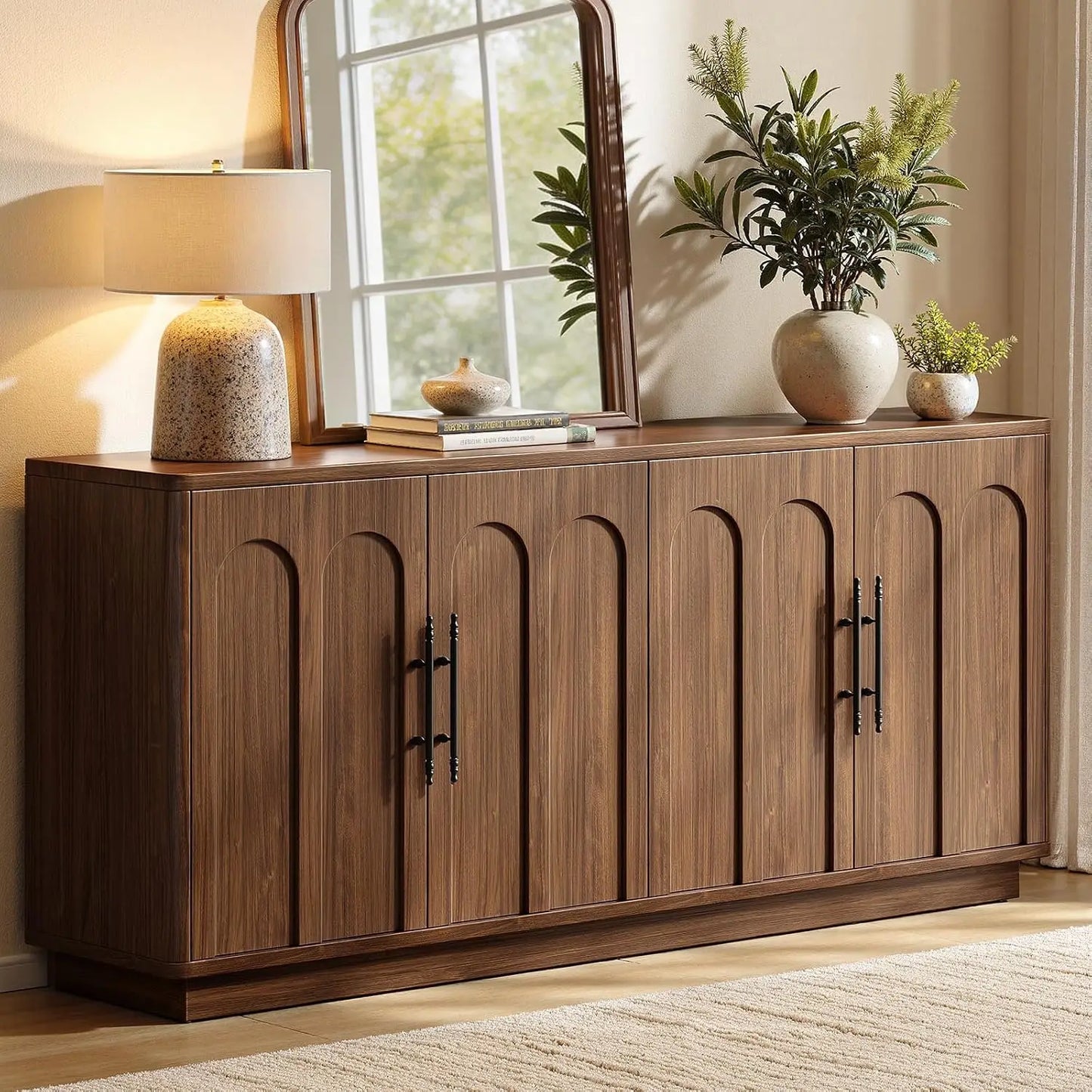 67" Arched Buffet Cabinet with Storage, Warm White 4-Door Sideboard Credenza, Mid Century Modern Storage Cabinet, Customized