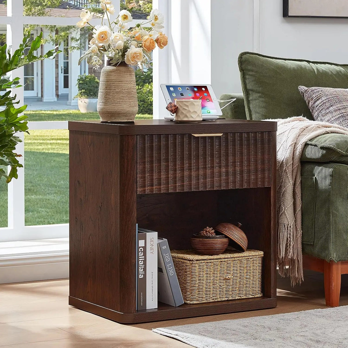 Set of 2 Wide Fluted Farmhouse Nightstands with Charging Station The Pet & Home Store