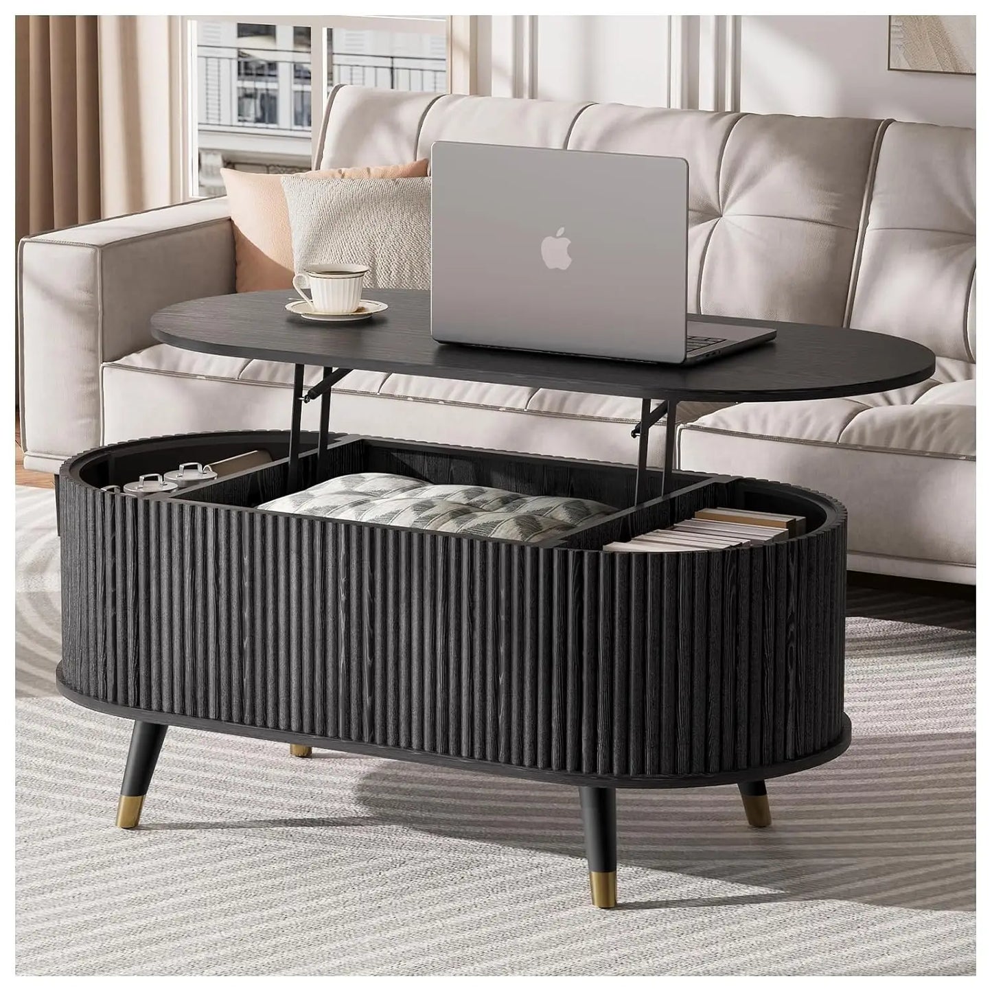 Round Coffee Table With Hidden Storage Walnut Wood Drum Table
