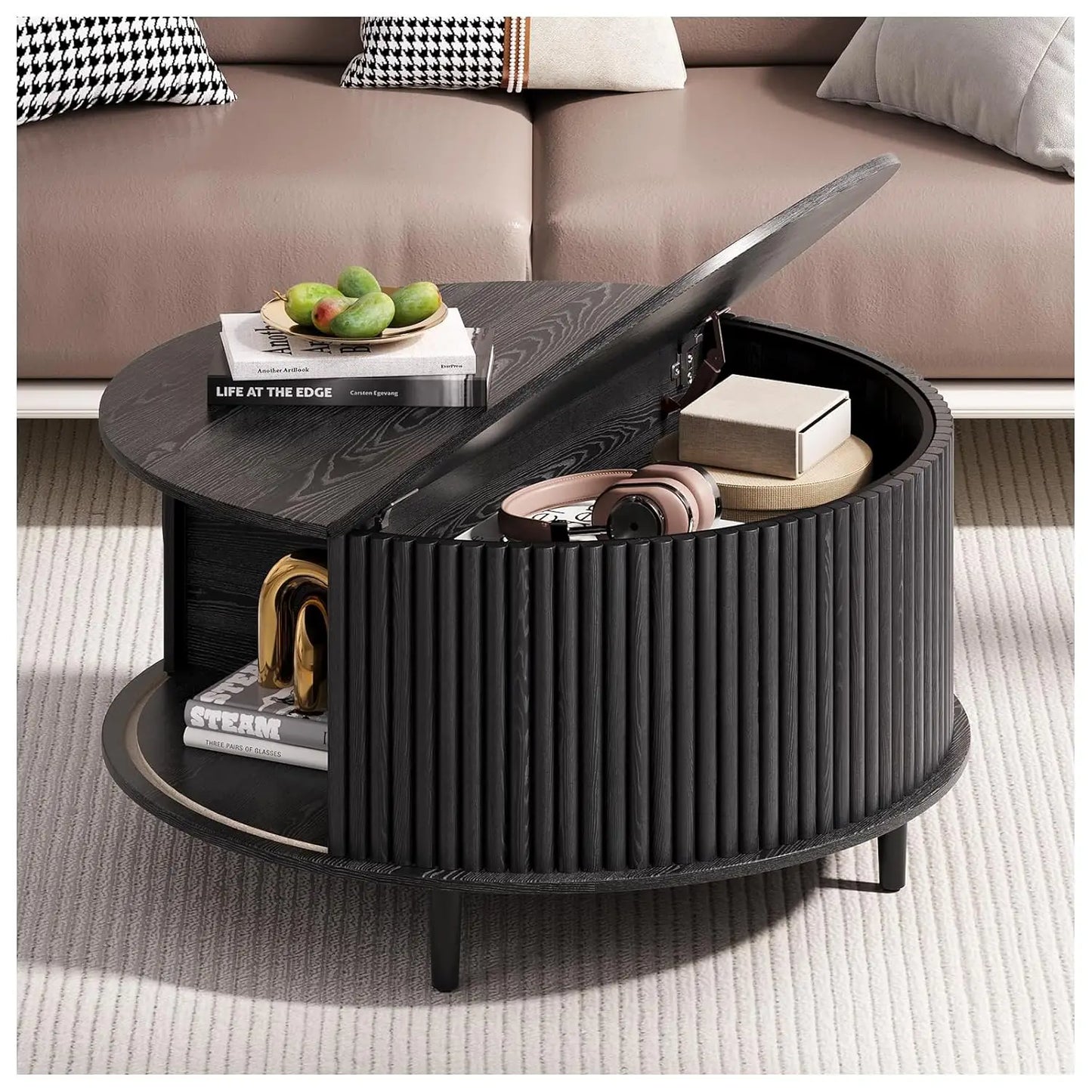 Round Coffee Table With Hidden Storage Walnut Wood Drum Table