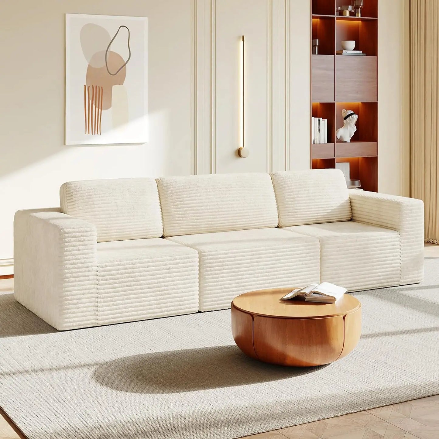 Corduroy L-Shape Modular Sofa With Movable Ottoman Sectional