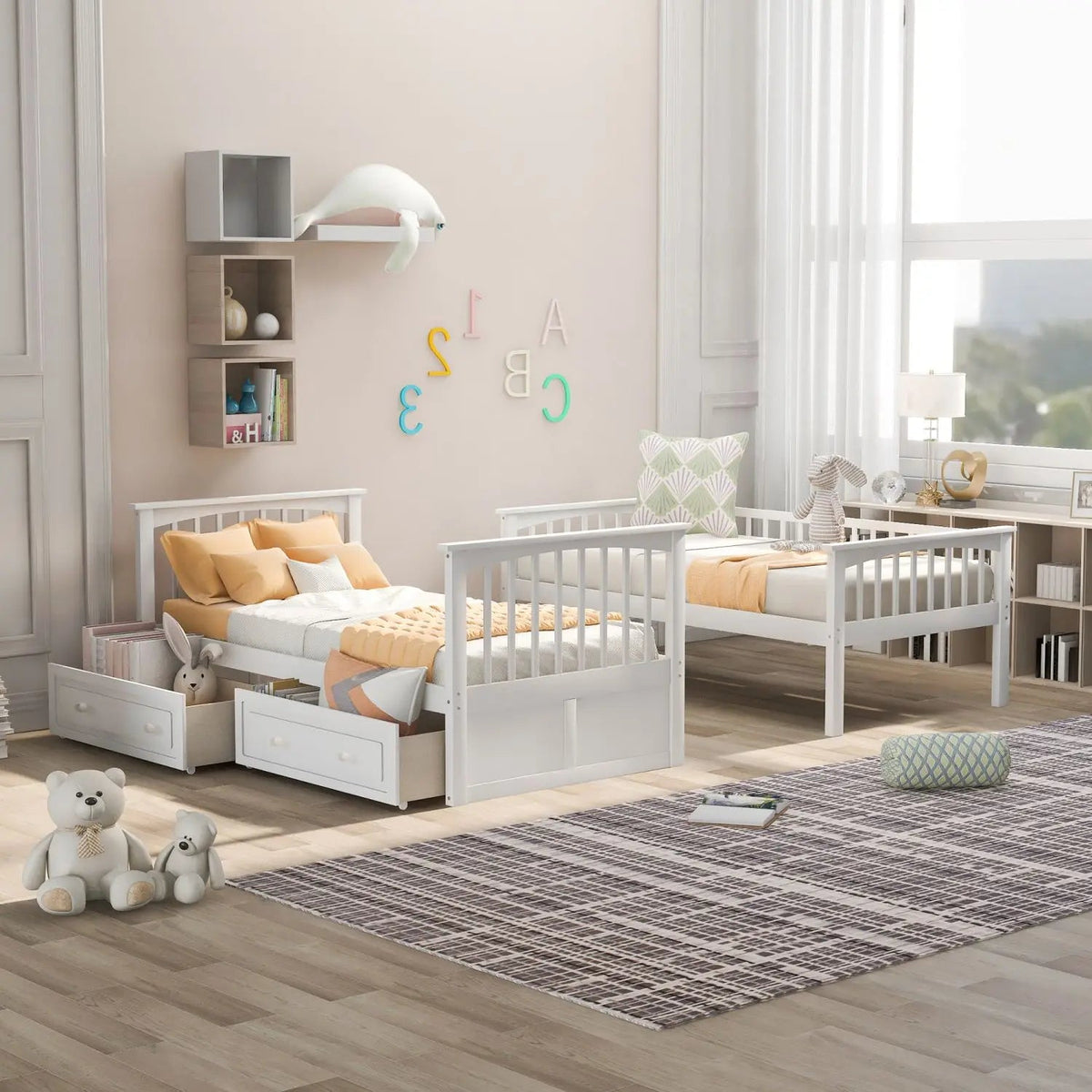 Twin over Twin Bunk Bed with Drawers, Convertible Beds, White(Old SKU: SM000240AAK-1) The Pet & Home Store