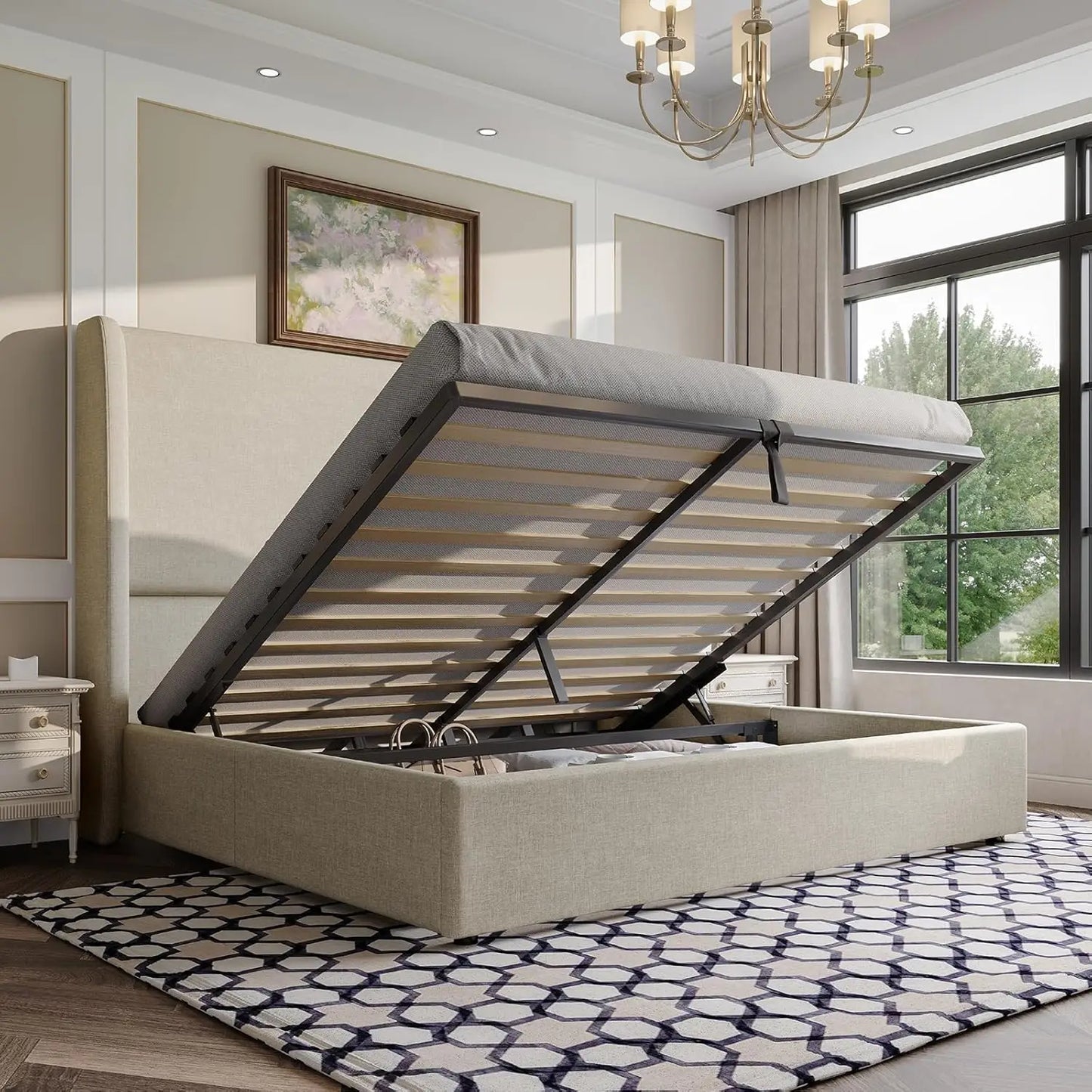 Lift Storage Upholstered Bed Platform Frame With Hydraulic Headboard