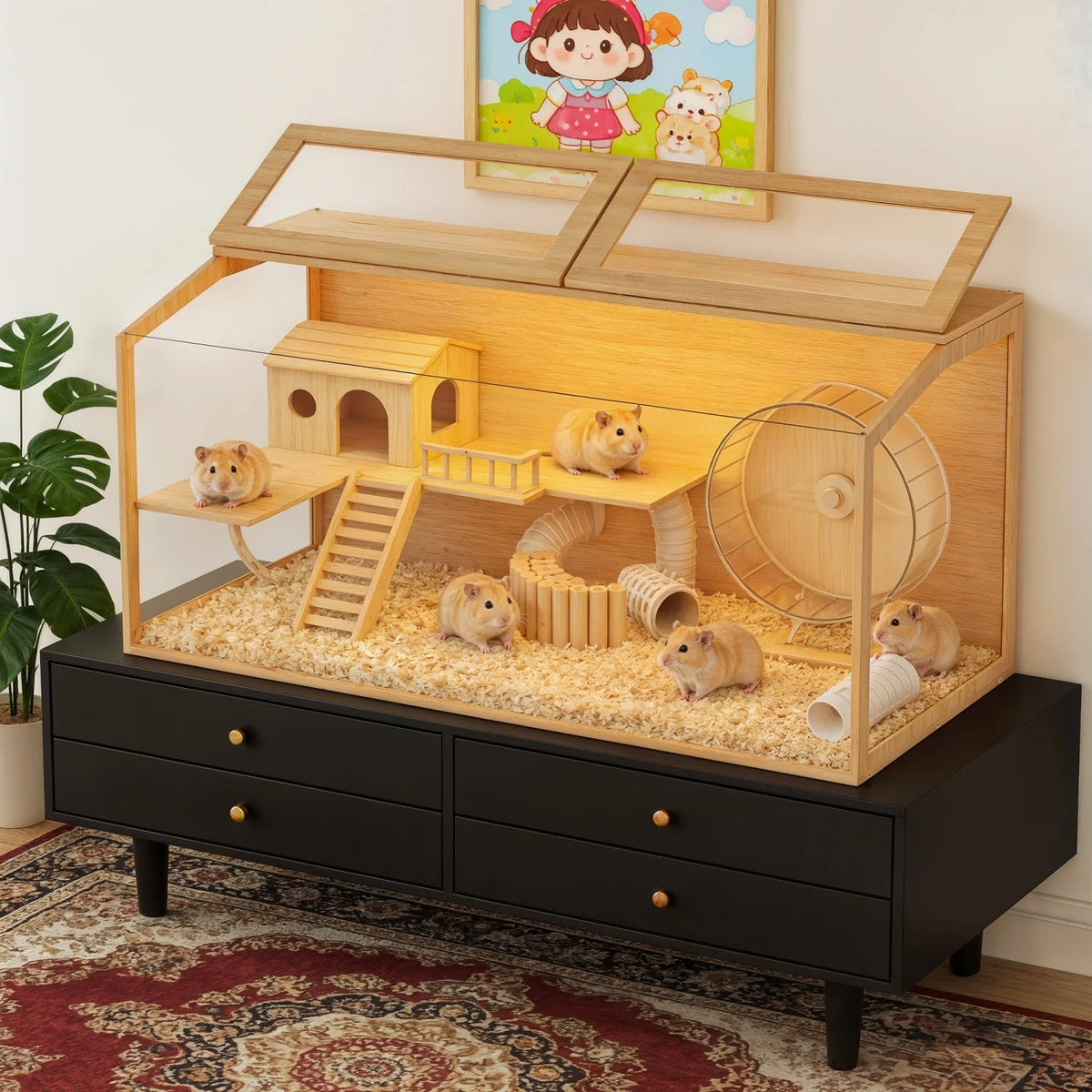 Natural Wooden Hamster Cage Habitat Dual Access Door Built-in Light Animal Cabinet Tabletop Hamsters Habitat for Small Pets The Pet & Home Store