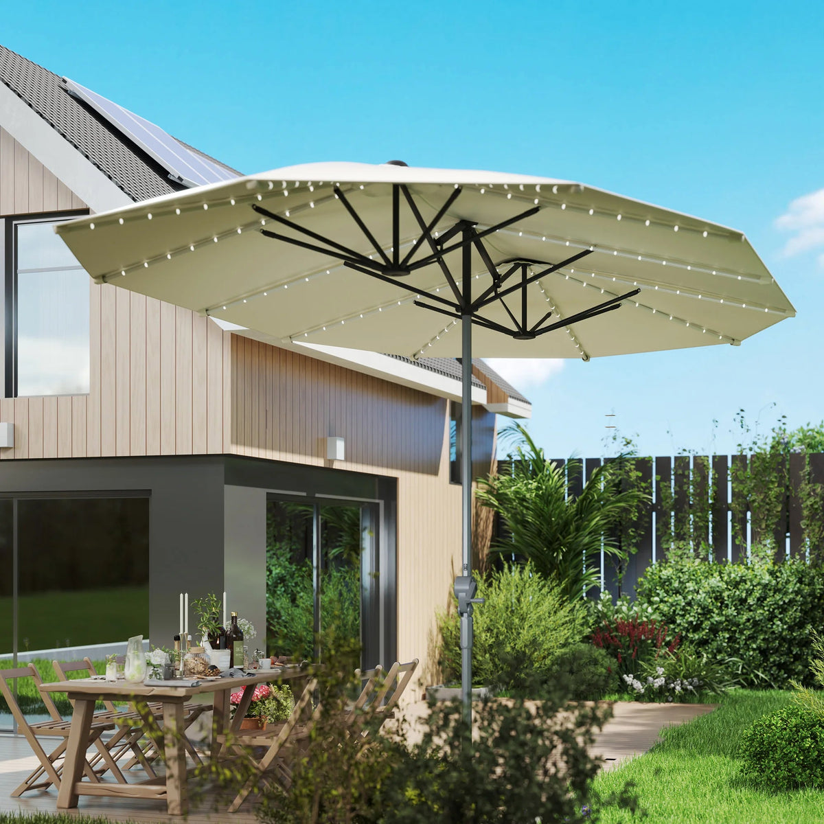 15ft Patio Umbrella Solar Lights UPF50+ Outdoor Umbrella Cream The Pet & Home Store