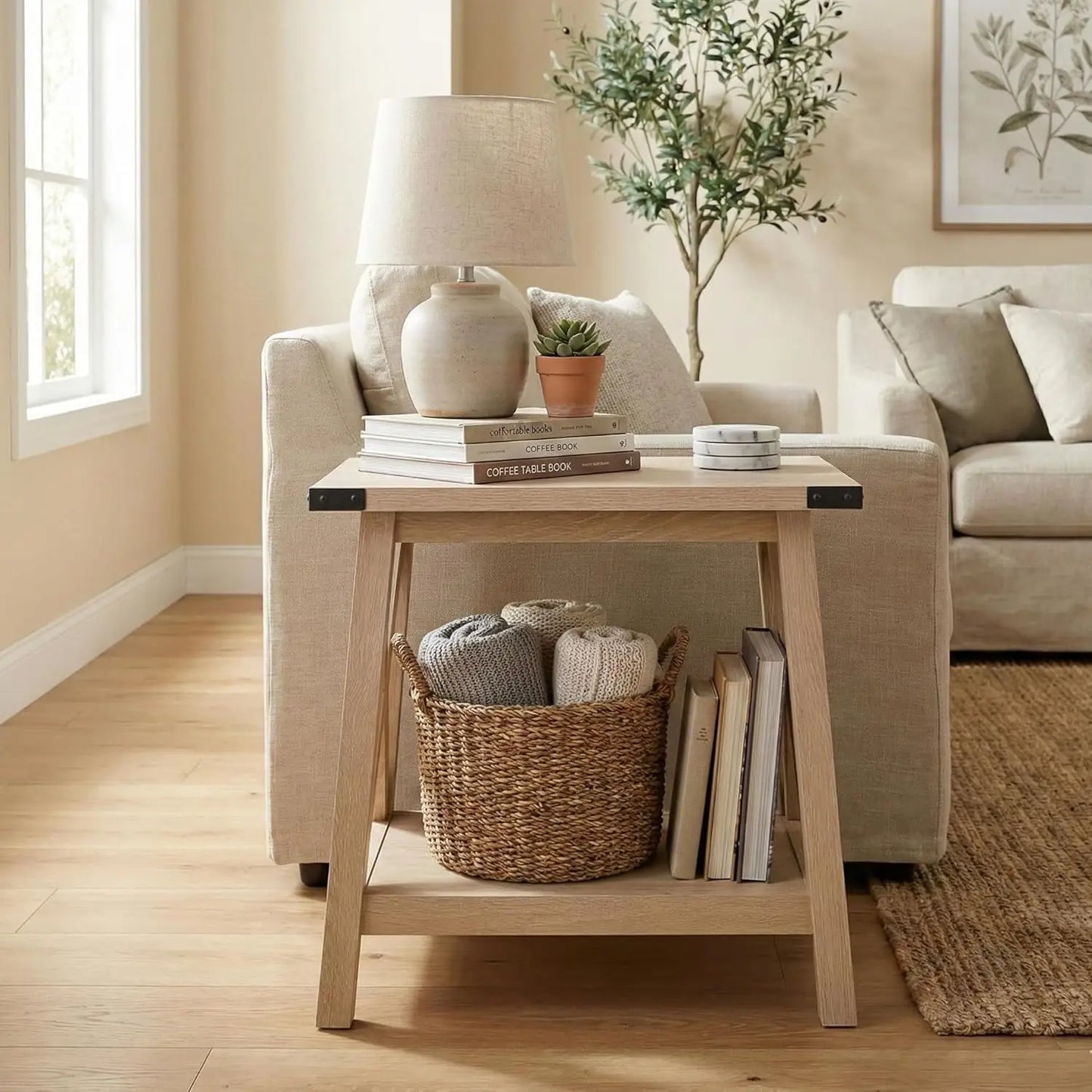 End Table For Living Room Wood Nightstand With Two-Tier Storage