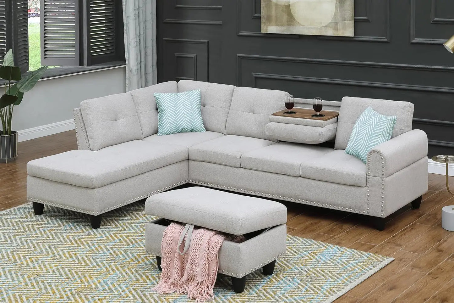 L-Shape Sectional Sofa Chaise With Ottoman And Cup Holder