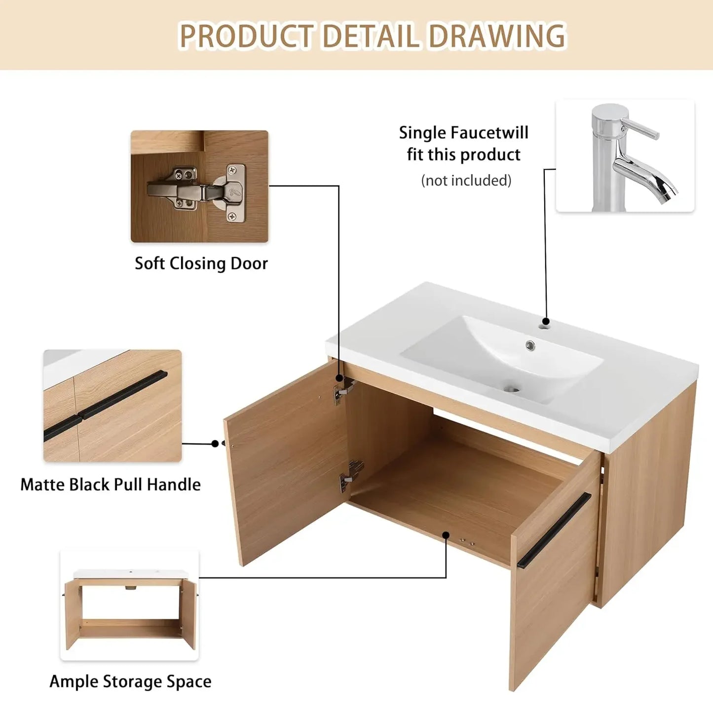 Floating Bathroom Vanity With Sink, Wall Mounted Premium Plywood