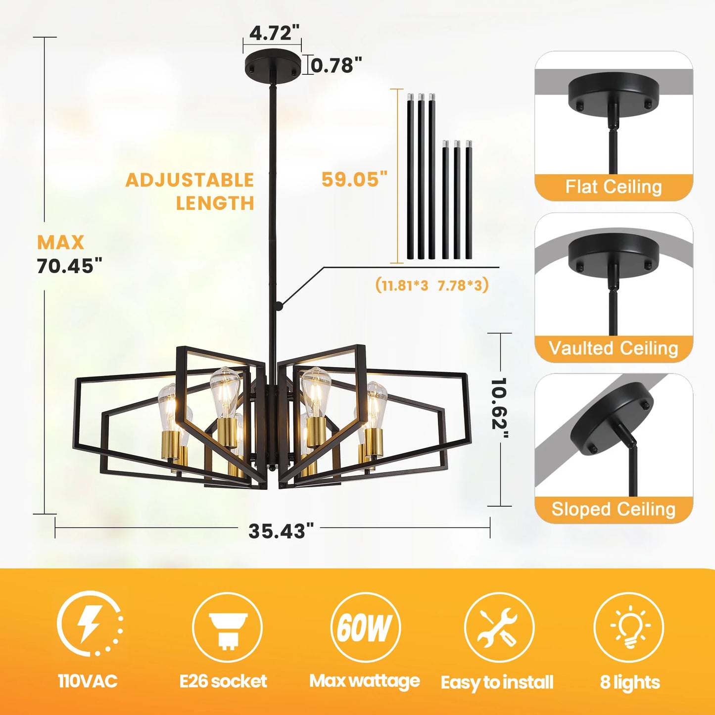 Geometric 8-Light Chandelier With Adjustable Height Iron Frame