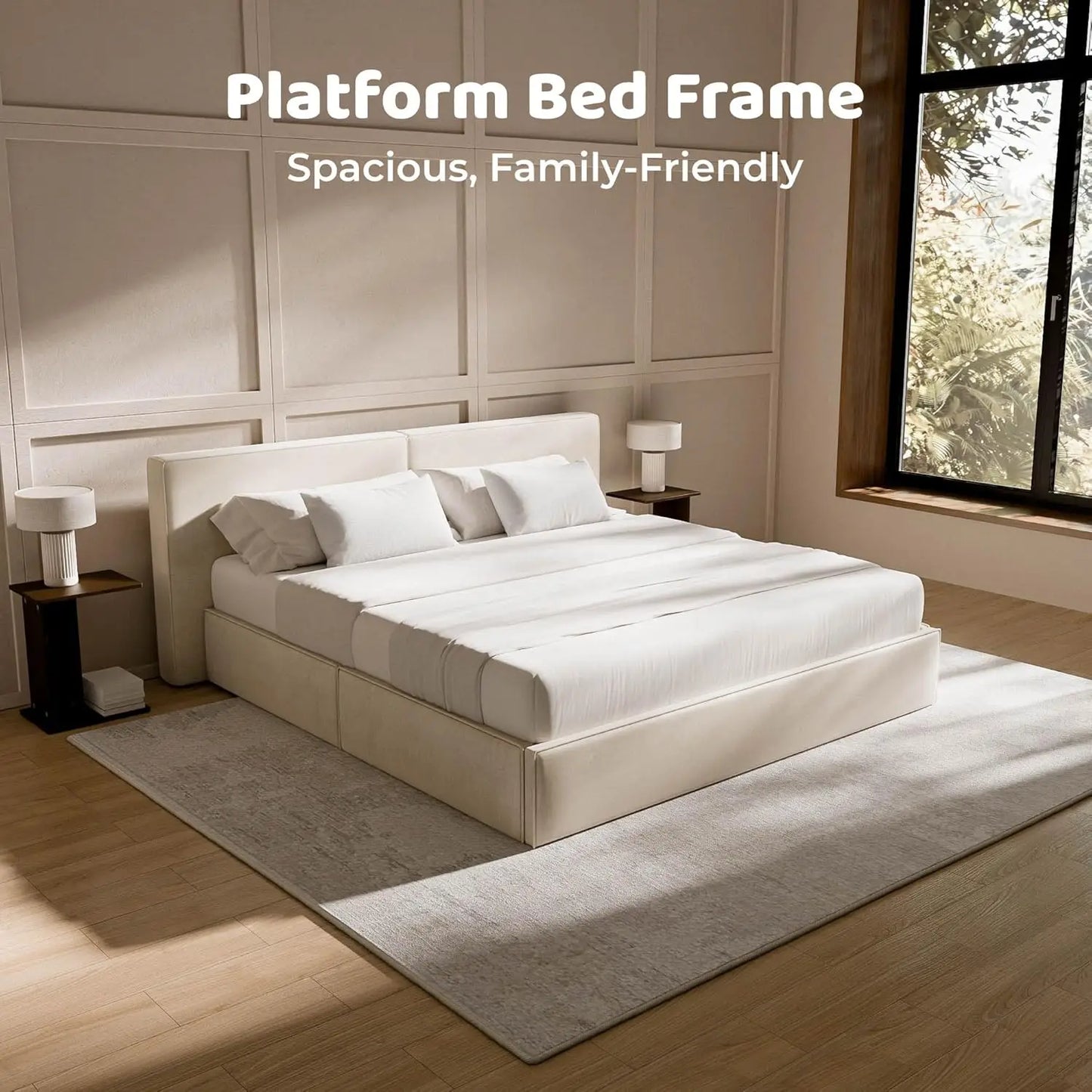 Platform Bed Frame with Plush Upholstered Headboard, Noise-Free Stability, Easy Assembly, Wood Slats