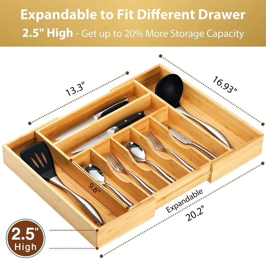 Bamboo Expandable Kitchen Silverware Drawer Organizer With Grooves