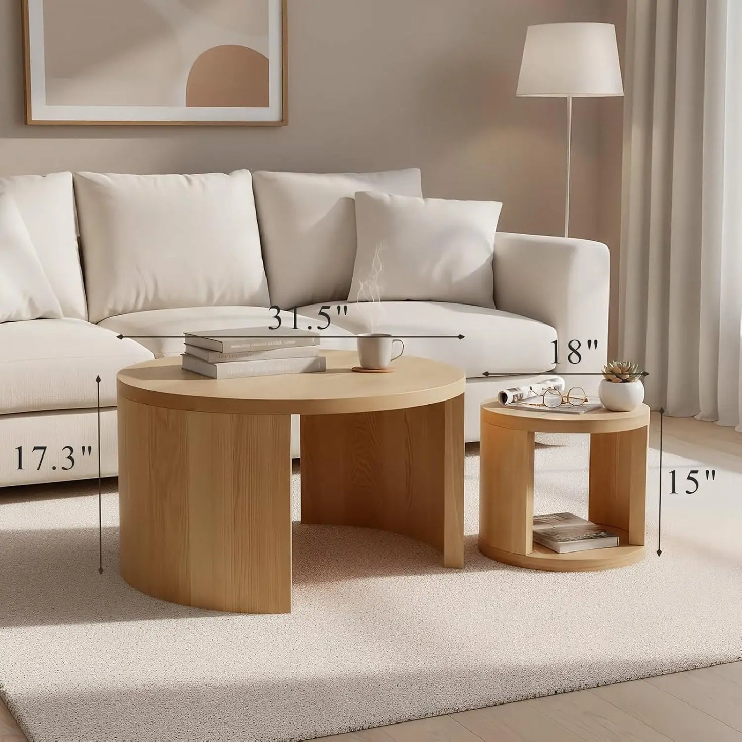Round Nesting Coffee Tables Set of 2 With Storage Wood