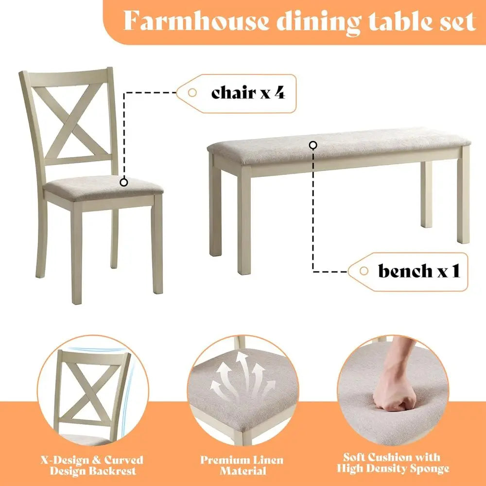 6-Piece armhouse Dining Table Set or 6-7, 71" Solid Wood Kitchen Table and Chairs, 1 Dining Table, 4 Upholstered Chairs and 1 Be