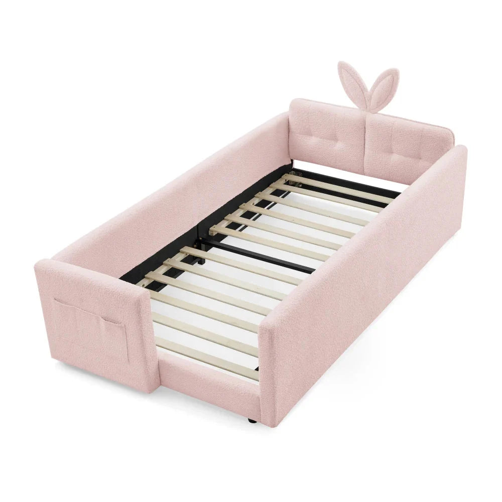 Twin Size Upholstered Platform Bed with Cute Rabbit Ear Shaped Headboard, with Safety Rail and Pocket, Boucle Fabric, Beige The Pet & Home Store