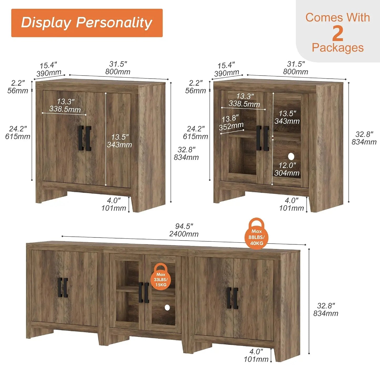 Farmhouse TV Stand for TVs up to 85 Inch, 3-Piece Modular Entertainment Center with Glass and Wood Doors, Media, Customized