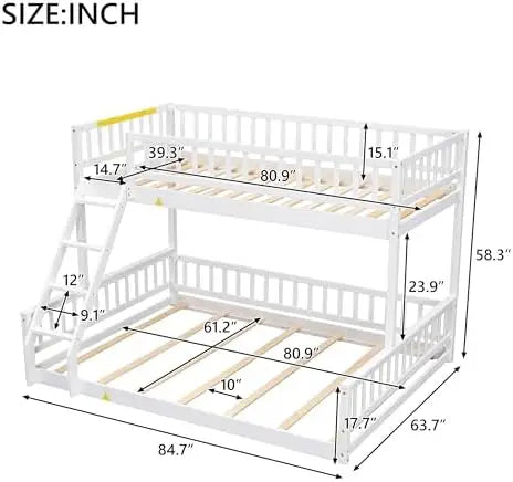 Me Twin XL Over Queen Bunk Bed for Adults Teens, Wooden Floor Bunk Beds Twin XL Over Queen with Ladder and Guardrails