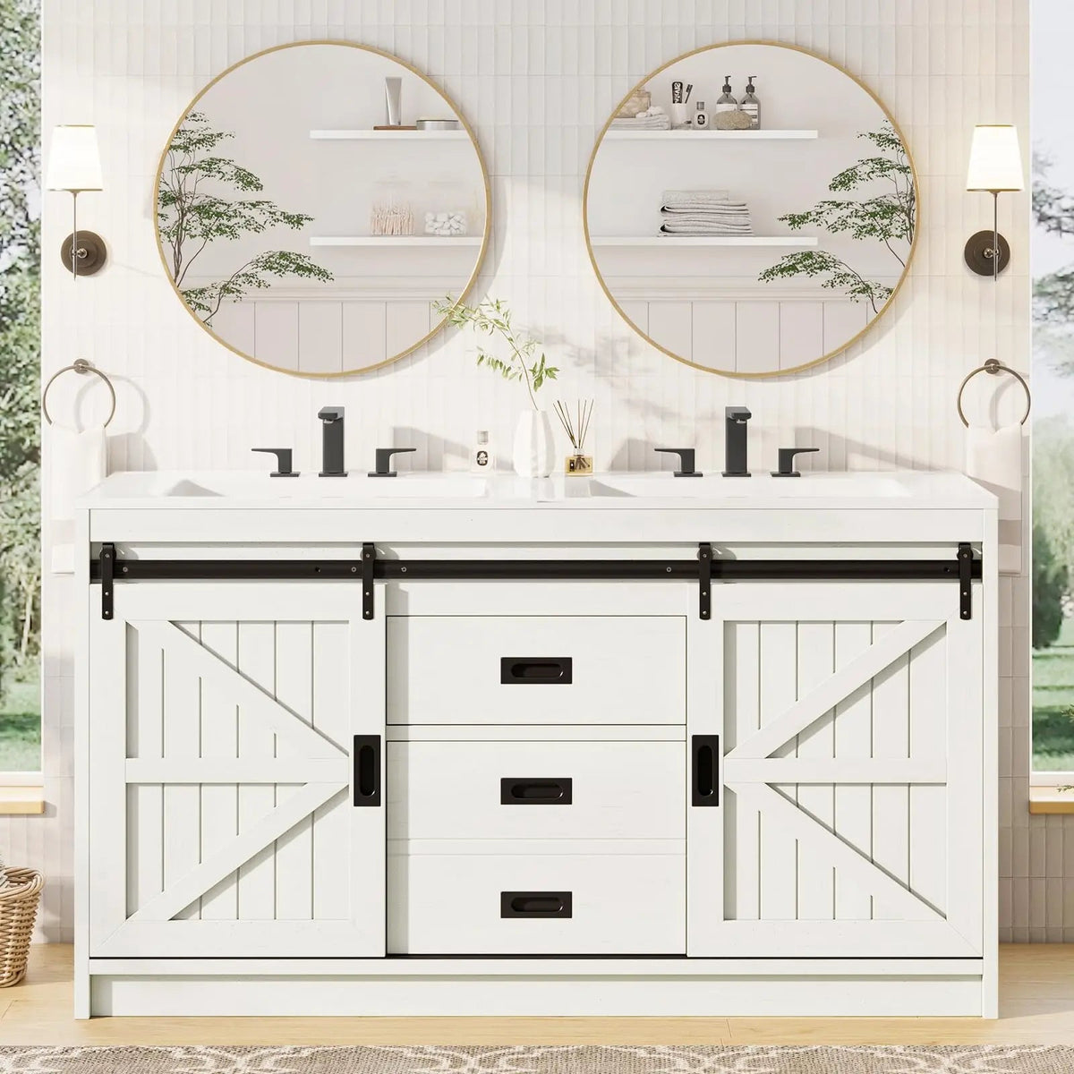 61" Farmhouse Double Bathroom Vanity with Sink Combo, Dual Basin Bathroom Storage Cabinet with Sliding Barn Doors & Drawers The Pet & Home Store