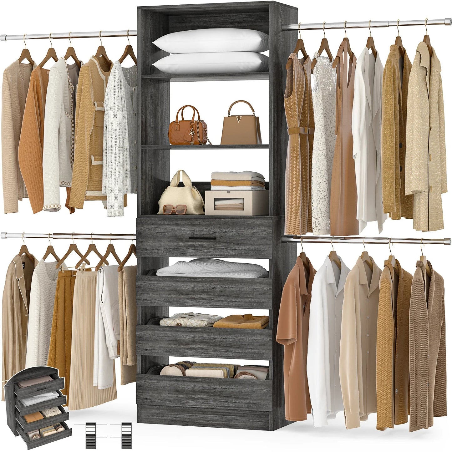 4-9Ft Closet System with 4 Wooden Drawers, Walk-in Closet Organizer Wardrobe Clothes Rack with 4 Hanging Rods, Garment Rack The Pet & Home Store