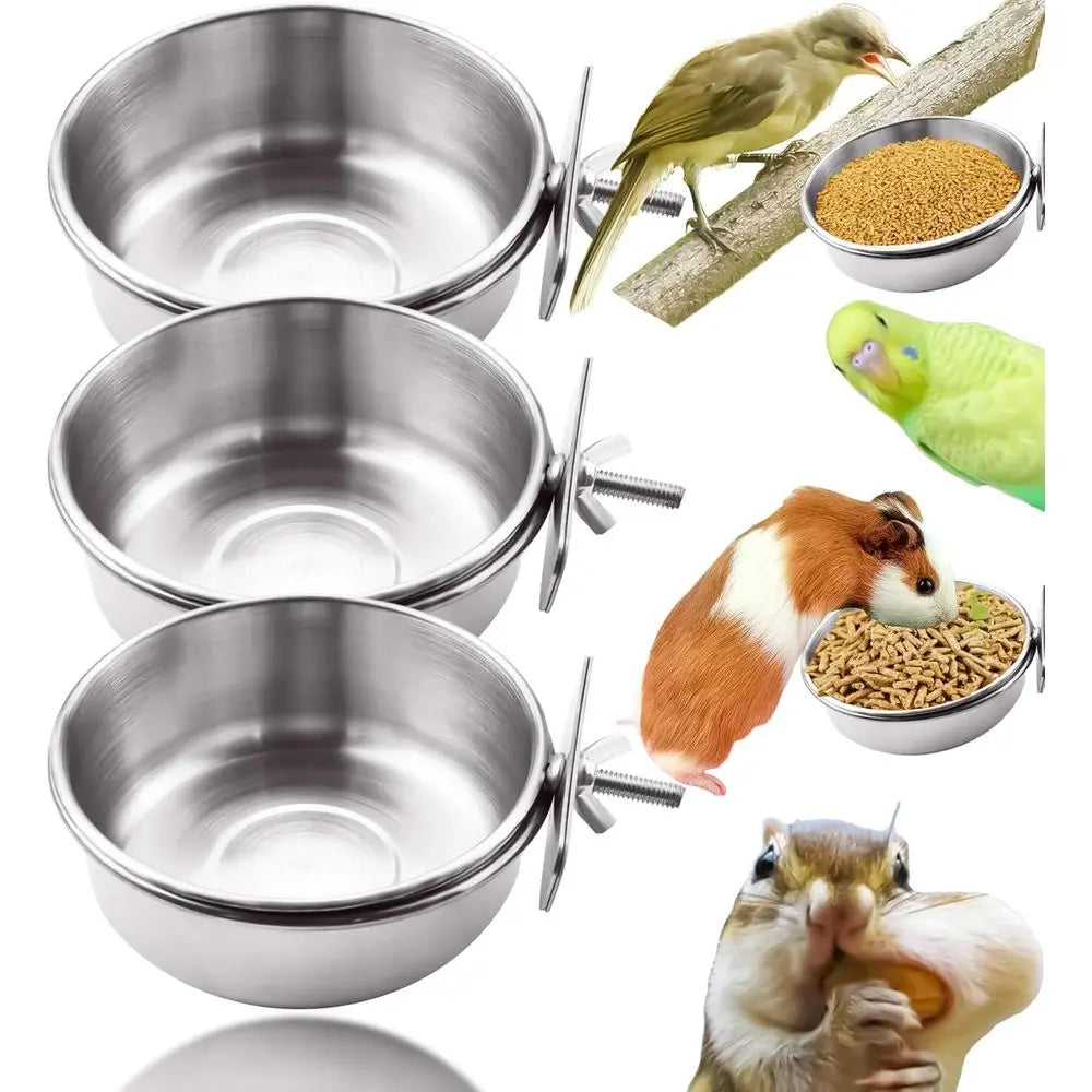Stainless Steel Bird Feeding Bowls with Clamp, Suitable for Parrots, Cockatiels, Budgies, and Small Animals