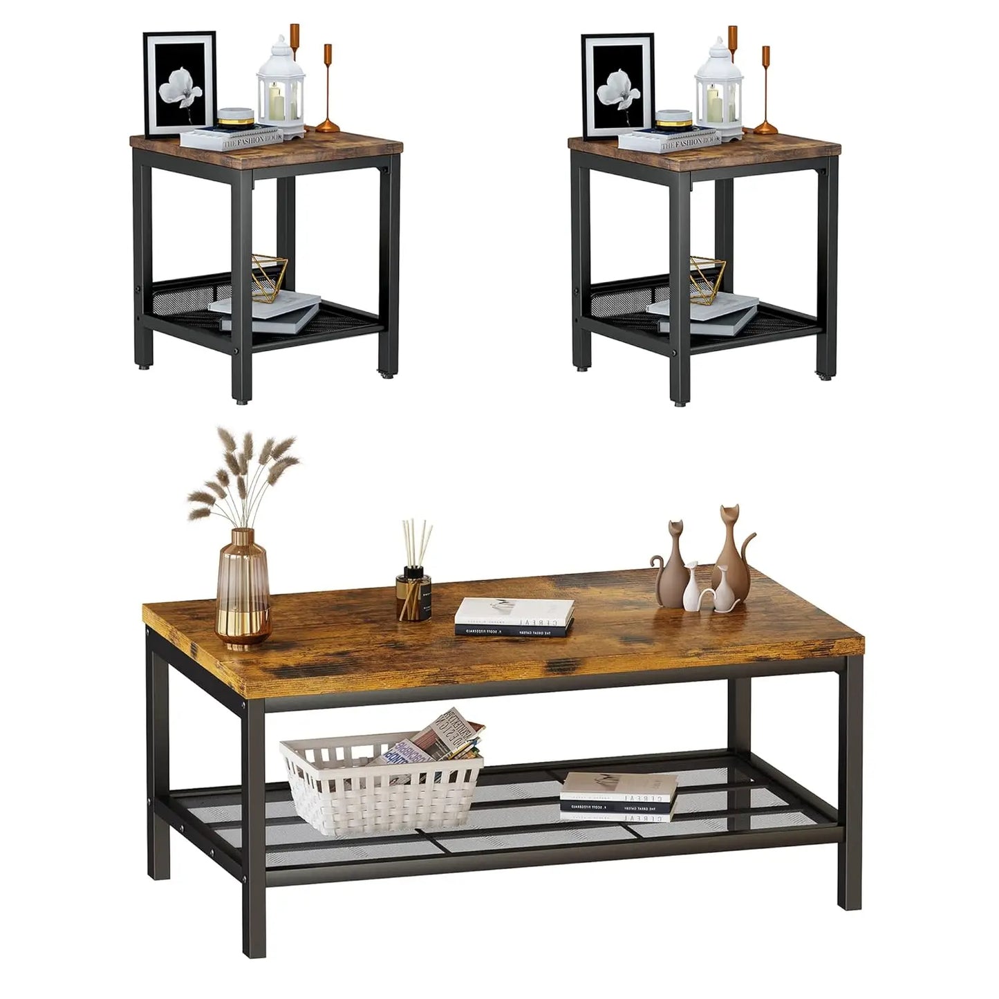 Industrial Coffee Table Set of 3 With Adjustable Legs