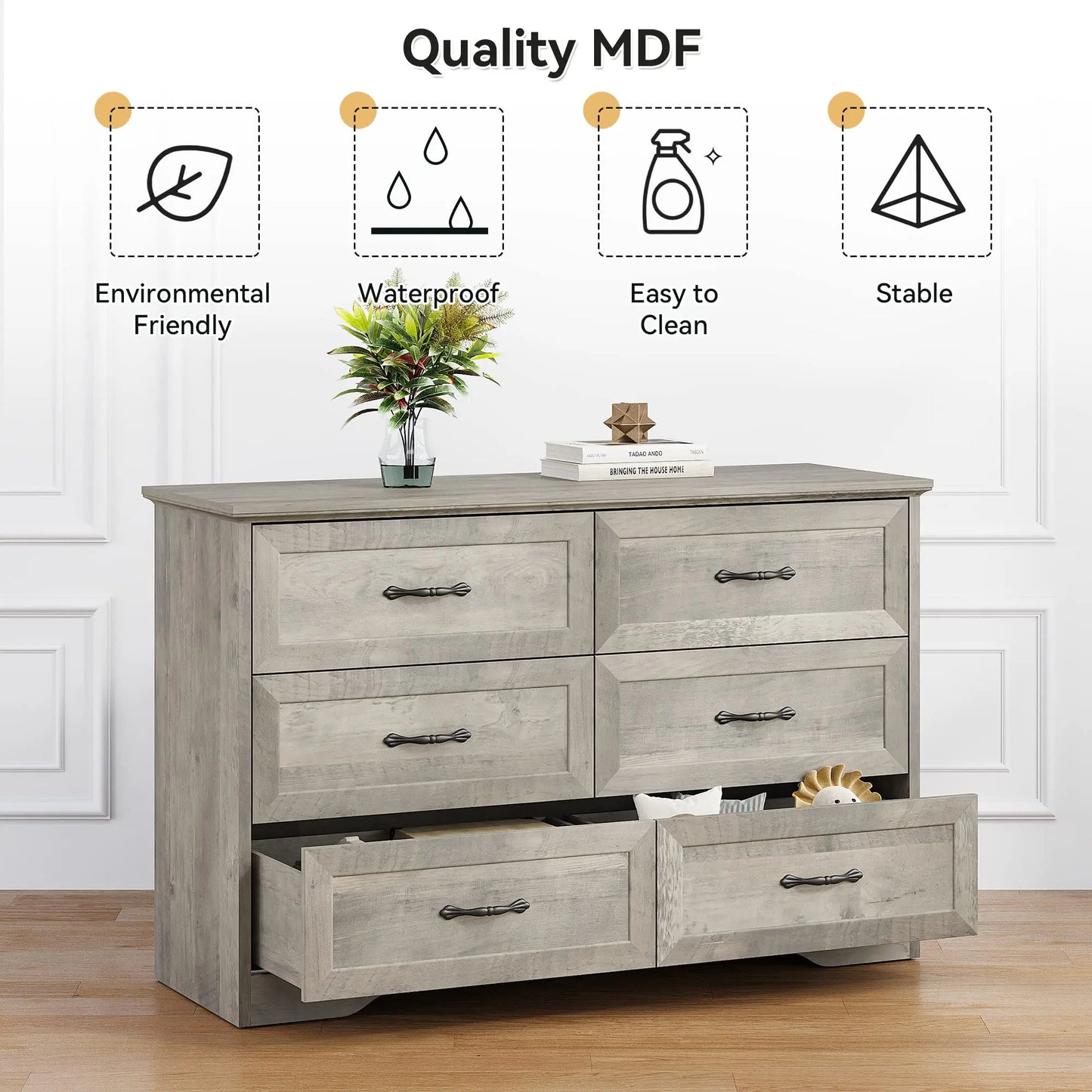 IDEALHOUSE Dresser for Bedroom with 6 Drawers, Wood Drawer Dresser Chest of Drawers for Closet, Living Room, Hallway