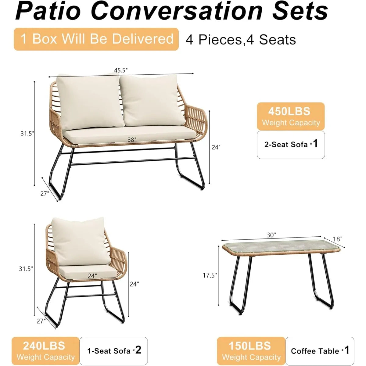 4-Piece Wicker Outdoor Patio Furniture Set with Cushions & Tempered Glass Table The Pet & Home Store