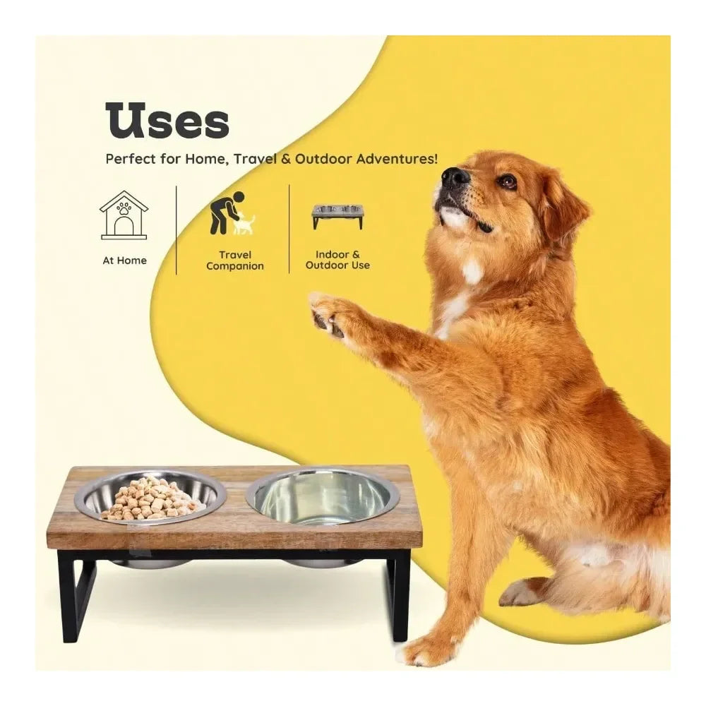 Mango Wood Raised Dog Bowl Stand With Stainless Steel Bowls