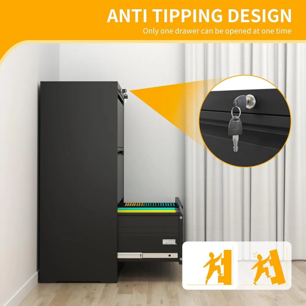 3-drawer lateral file cabinet with lock, black metal heavy duty for home office hanging letter files
