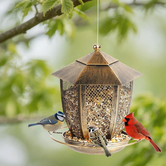 Hexagon Lantern Bird Feeder for Outside, Heavy Duty Metal Wild Bird Feeder Hanging for Garden Yard with 360° Feeding Port