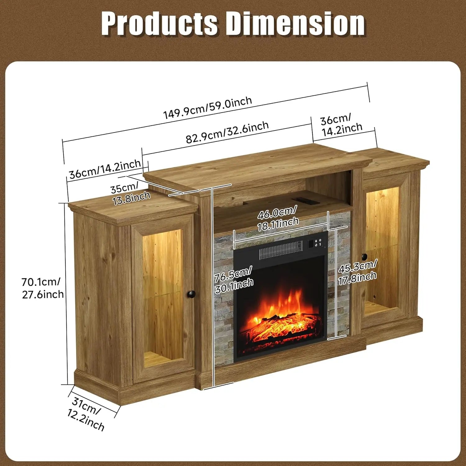 Fireplace TV Stand for 65 Inch TV, Entertainment Center with 18 inch Electric Fireplace & LED Lights,Mordern Media, Customized The Pet & Home Store