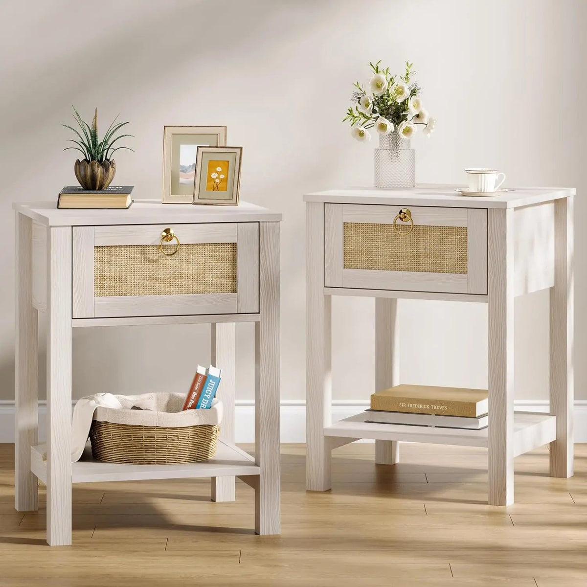 Large White Rattan Nightstands Set of 2, Boho Style with Drawers & Storage Shelf Bedroom Bedside End Table, Custom The Pet & Home Store