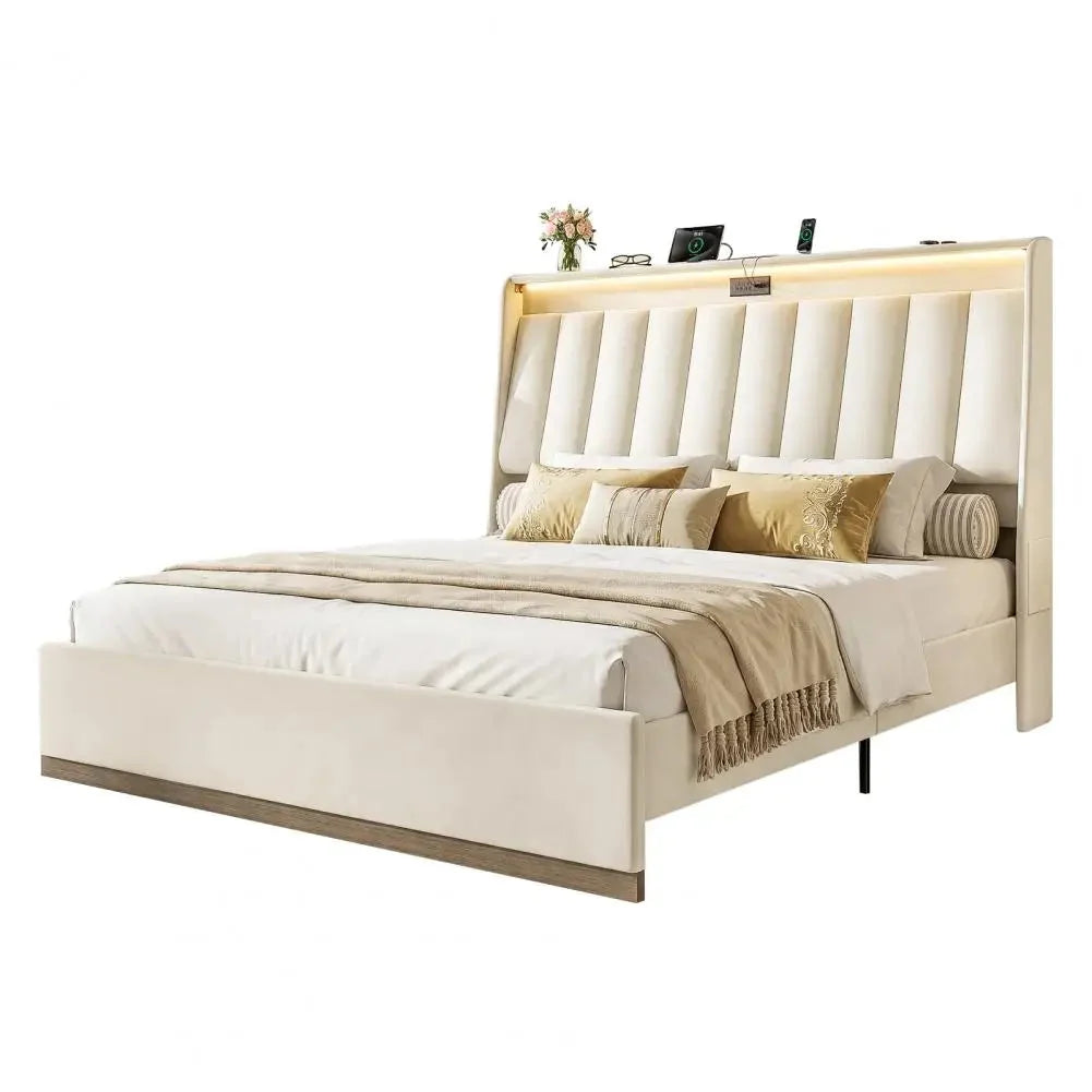 Platform Bedstead, King Size Bed Frame, Upholstered Bed Frame with RGB LED Lighting Charging Station The Pet & Home Store