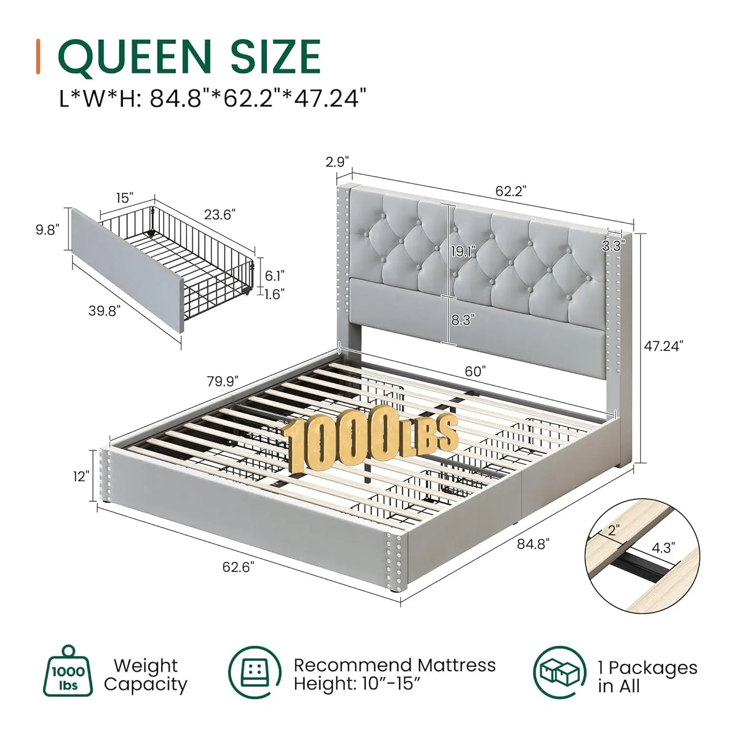 Queen Size Bed Frame Upholstered Platform Bed with 4 Storage Drawers and Tufted Headboard Bed Frame with Heavy Duty, Customized