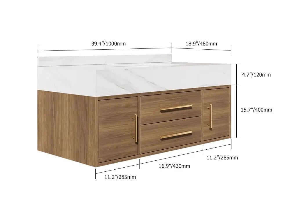 39.4" Floating Bathroom Vanity Sintered Stone Top 2 Drawer Cabinet Undermount Ceramic Sink Walnut Customized