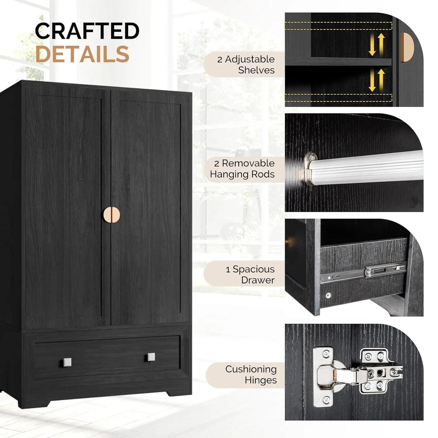 Wood Armoire Wardrobe Cabinet With Drawers And Hanging Rod