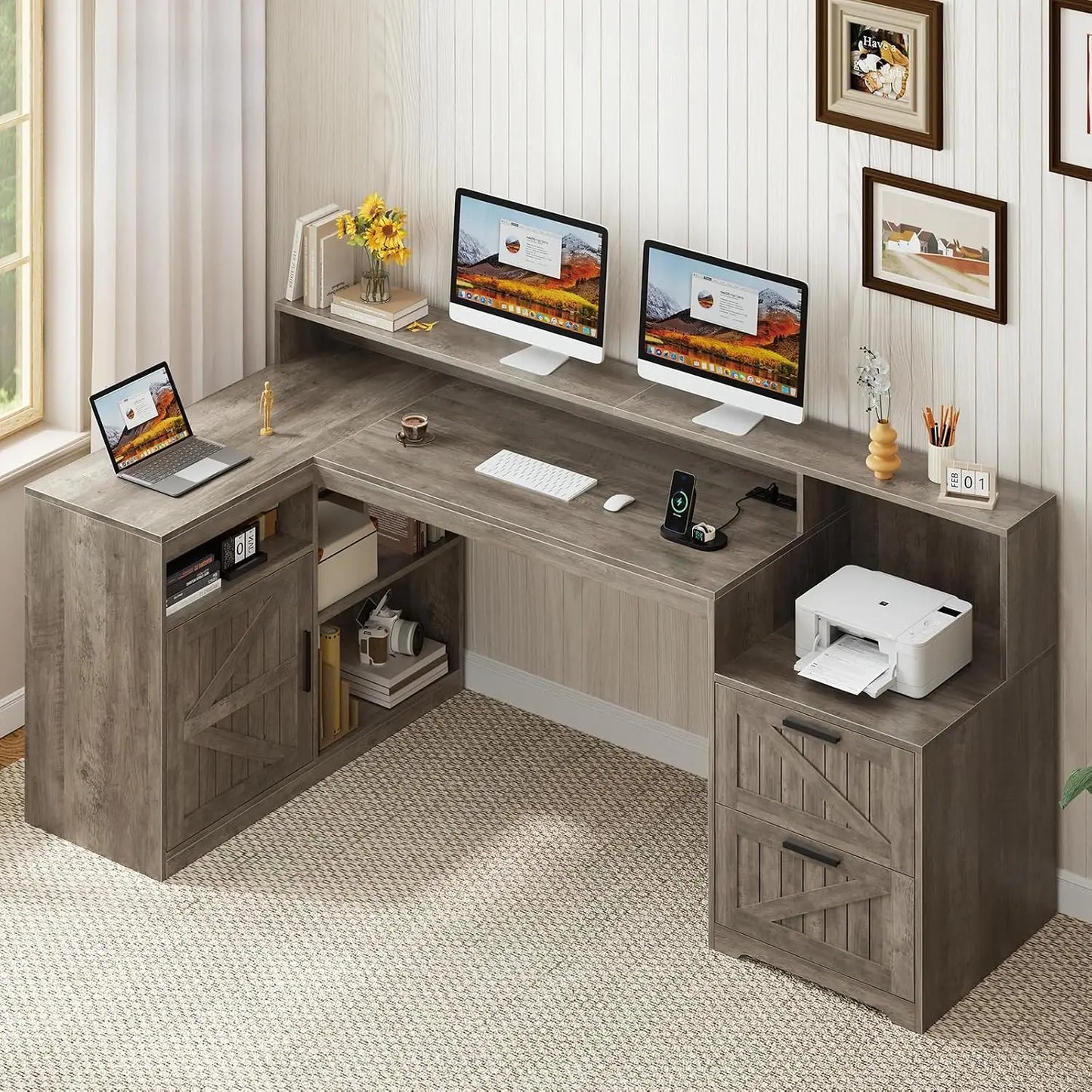 L Shaped Home Office Desk With USB Outlet And Storage